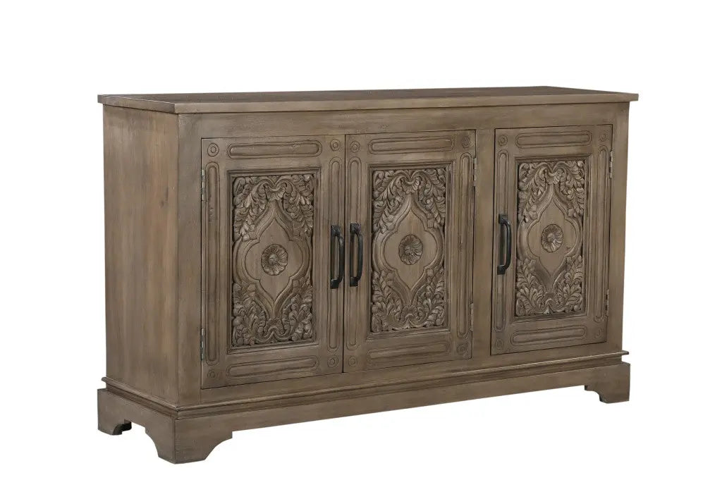 59" Brown Distressed Solid Wood Carved Scrollwork Sideboard with Three Doors Homeroots Kitchen & Dining