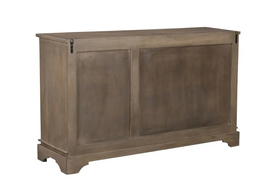59" Brown Distressed Solid Wood Carved Scrollwork Sideboard with Three Doors Homeroots Kitchen & Dining