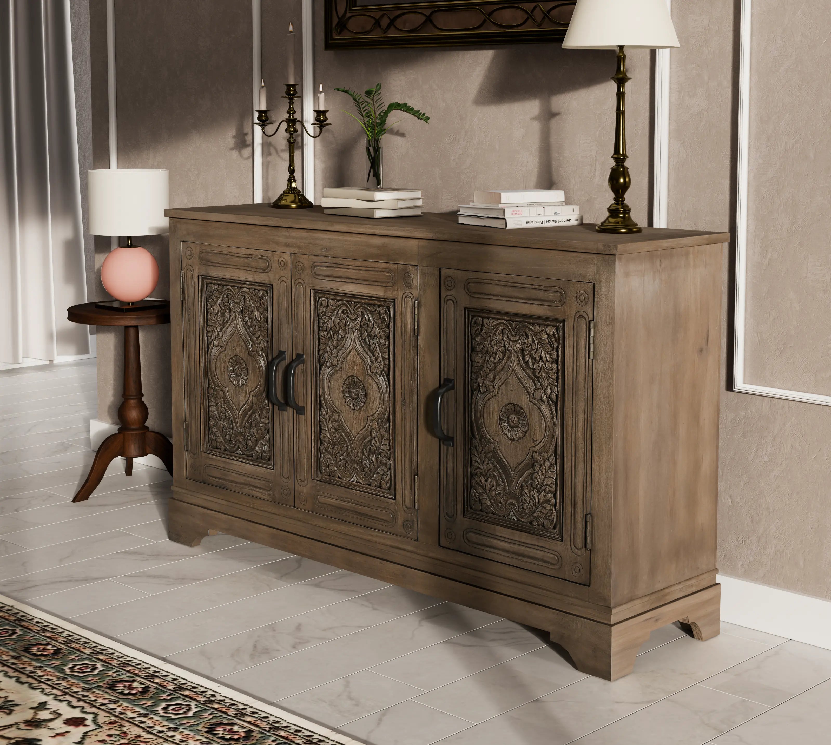 59" Brown Distressed Solid Wood Carved Scrollwork Sideboard with Three Doors Homeroots Kitchen & Dining
