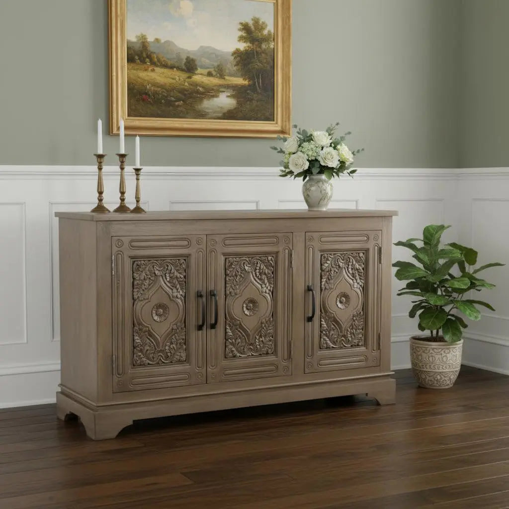 59" Brown Distressed Solid Wood Carved Scrollwork Sideboard with Three Doors Homeroots Kitchen & Dining