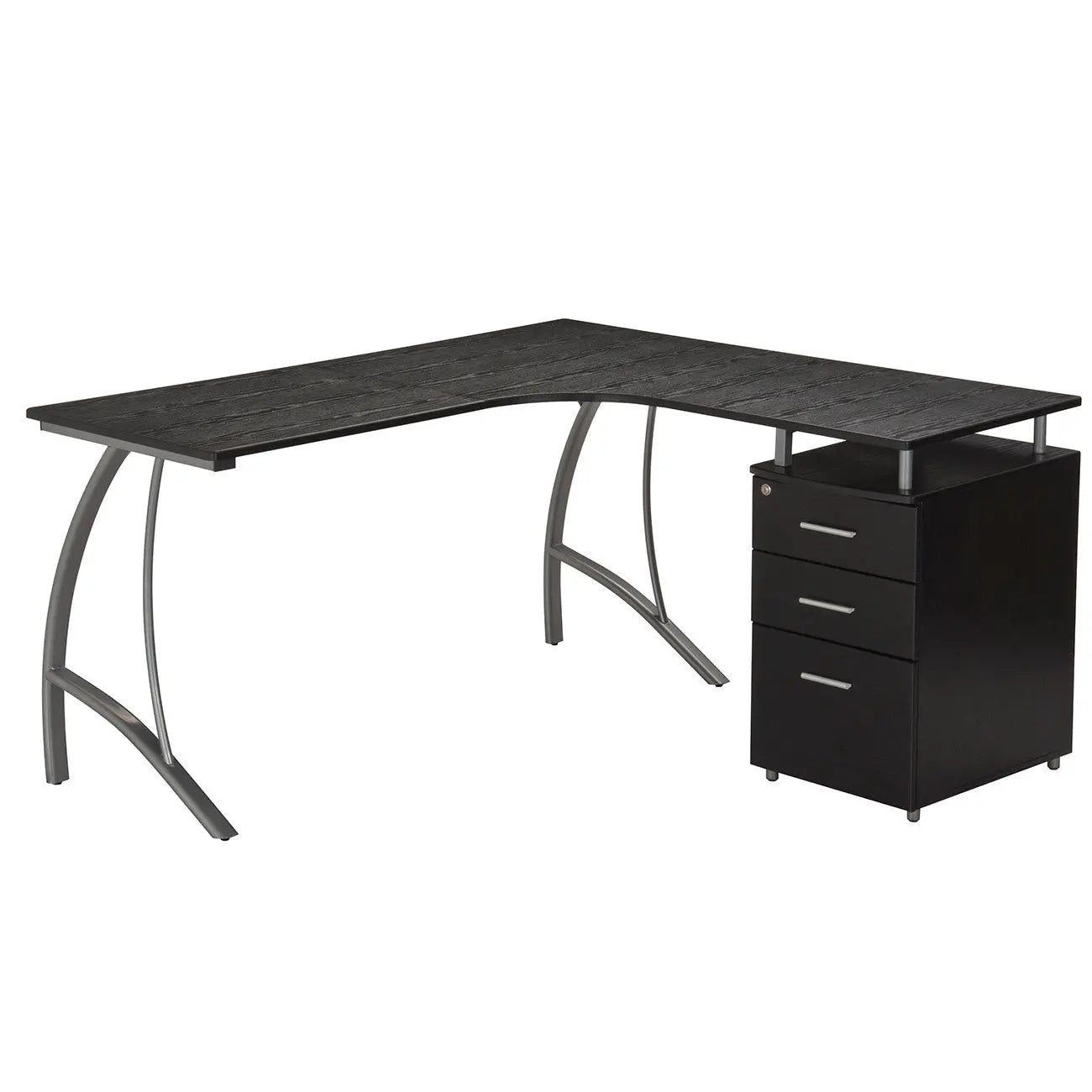 59" Espresso and Silver Wood and Stainless Steel L Shape Trestle Computer Desk With Two Drawers Homeroots Office