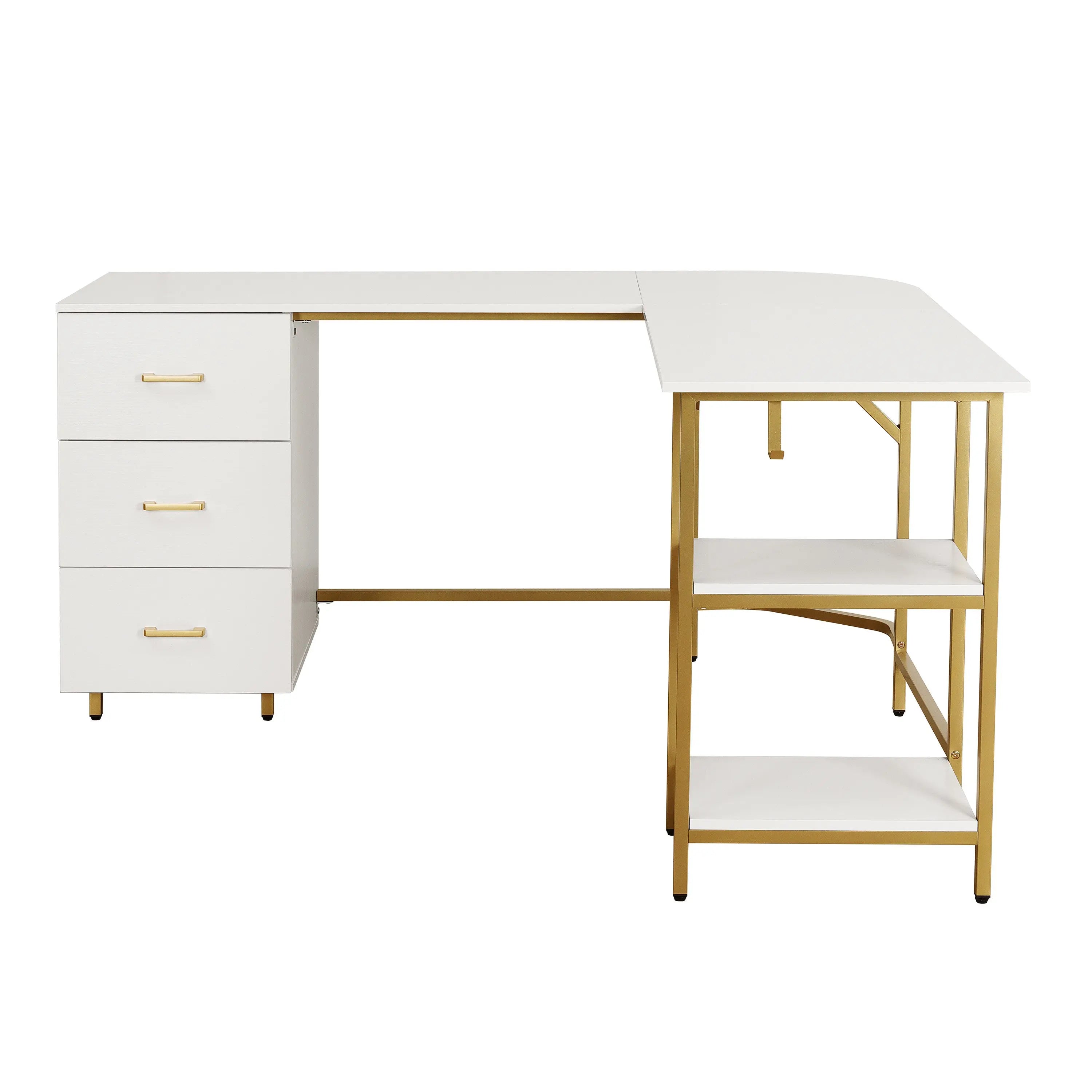 59" Gold Wood and Stainless Steel L Shape Computer Desk With Three Drawers Homeroots