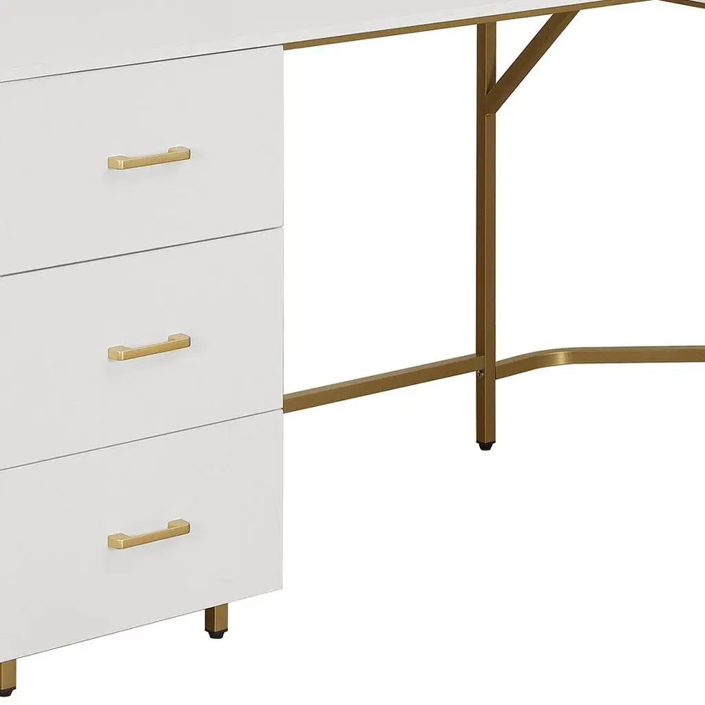 59" Gold Wood and Stainless Steel L Shape Computer Desk With Three Drawers Homeroots