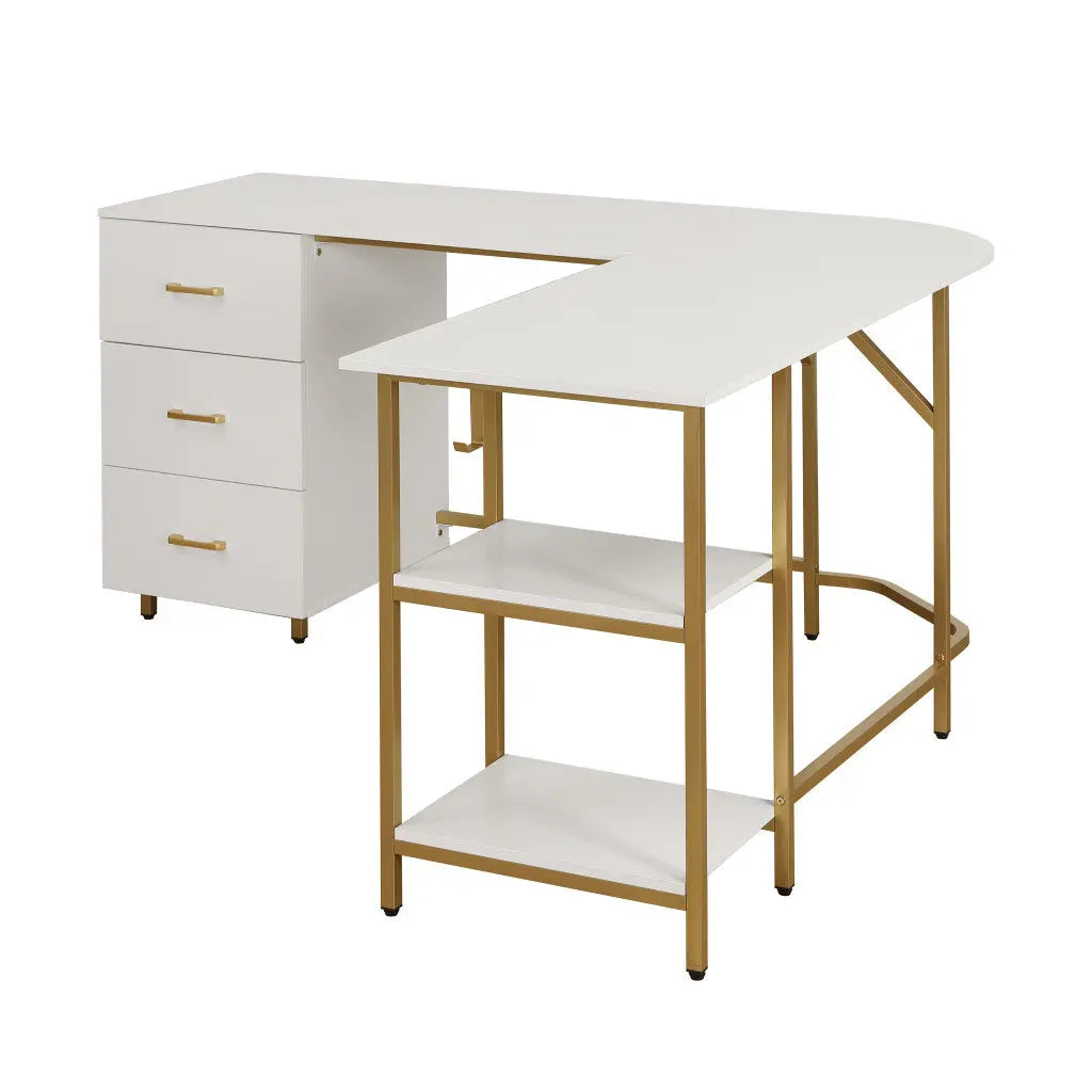 59" Gold Wood and Stainless Steel L Shape Computer Desk With Three Drawers Homeroots