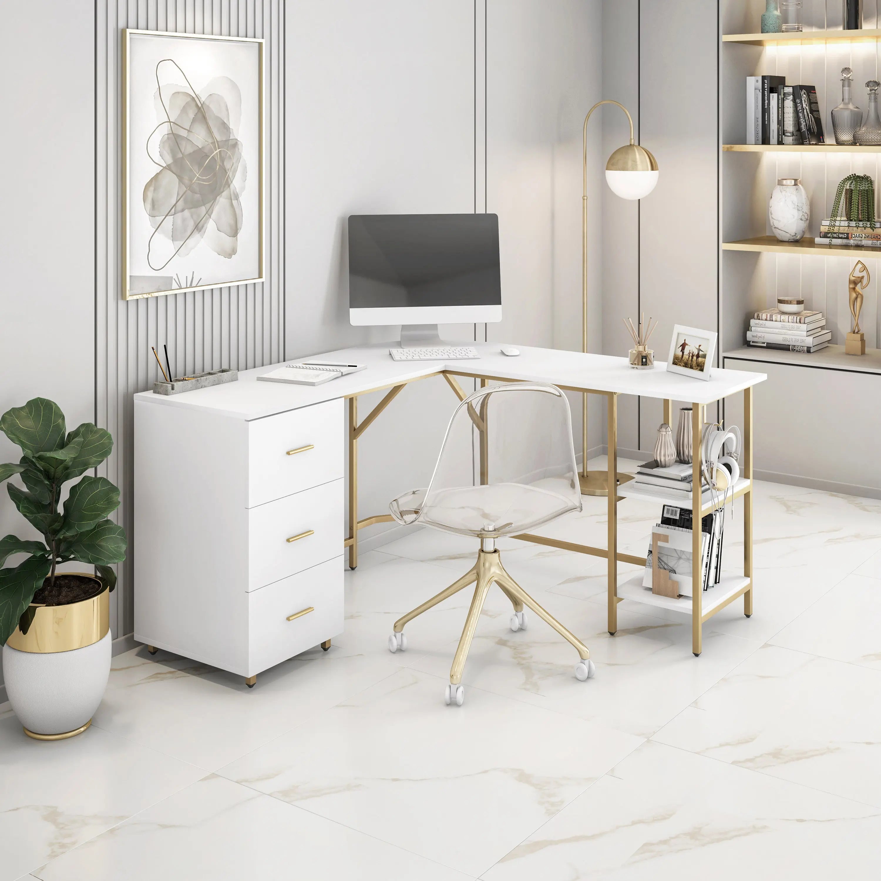 59" Gold Wood and Stainless Steel L Shape Computer Desk With Three Drawers Homeroots