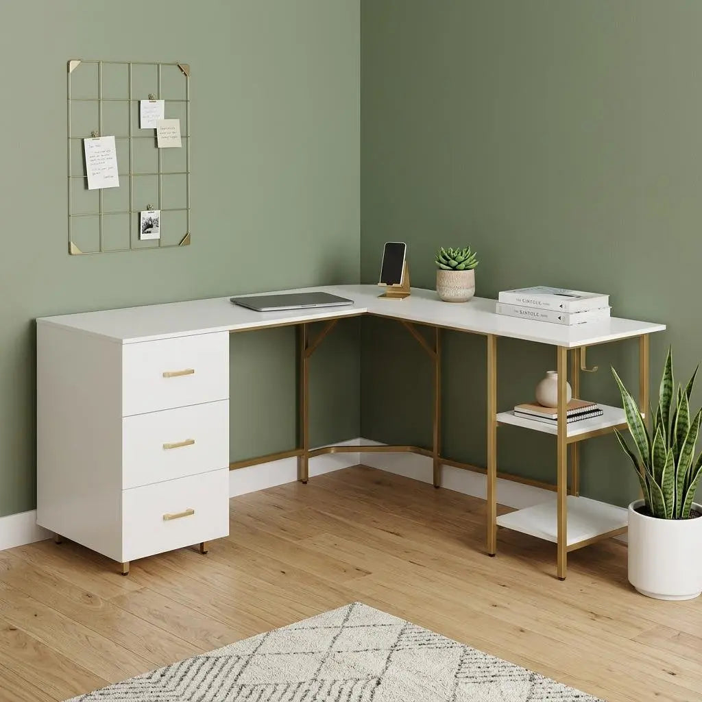 59" Gold Wood and Stainless Steel L Shape Computer Desk With Three Drawers Homeroots