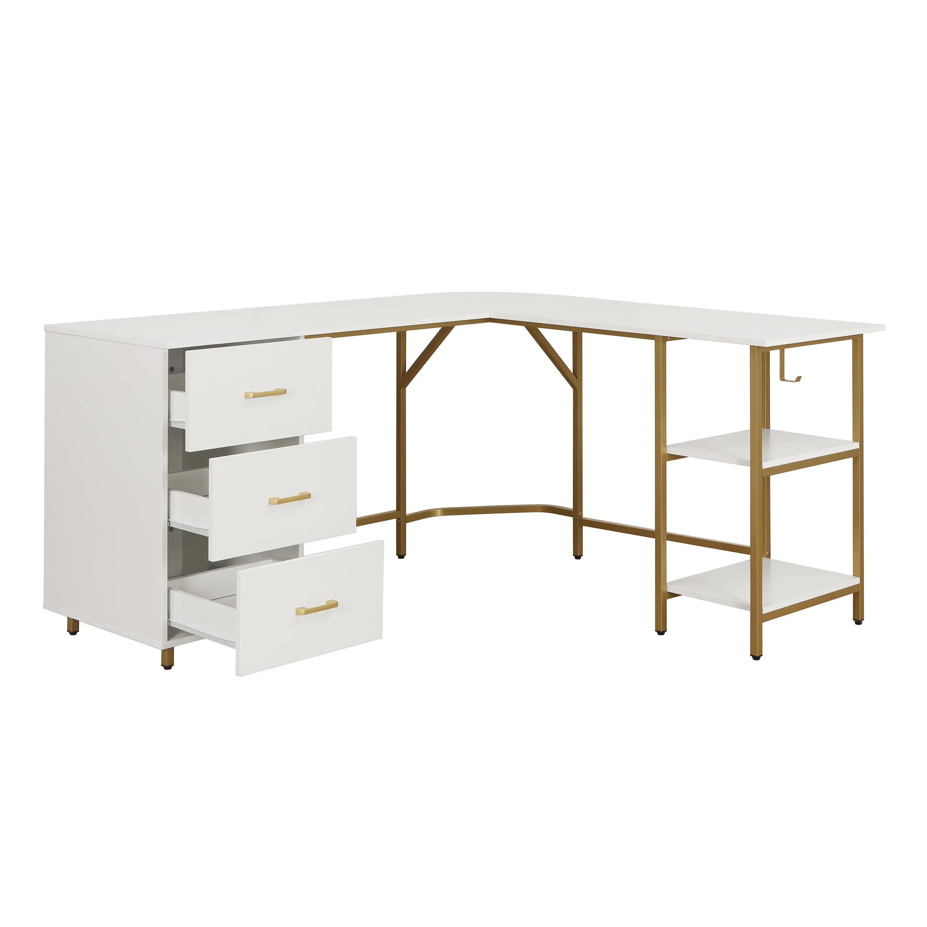 59" Gold Wood and Stainless Steel L Shape Computer Desk With Three Drawers Homeroots