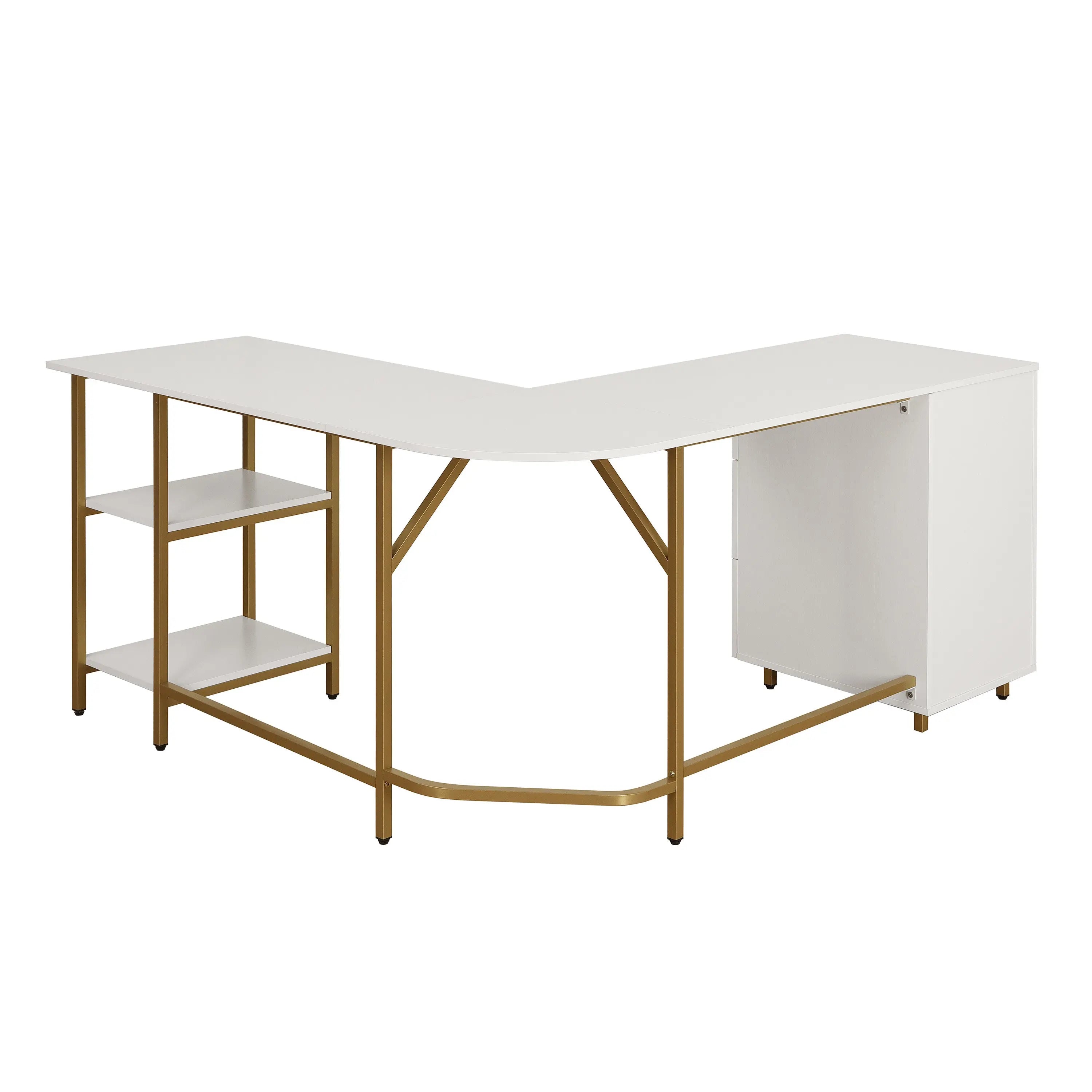 59" Gold Wood and Stainless Steel L Shape Computer Desk With Three Drawers Homeroots