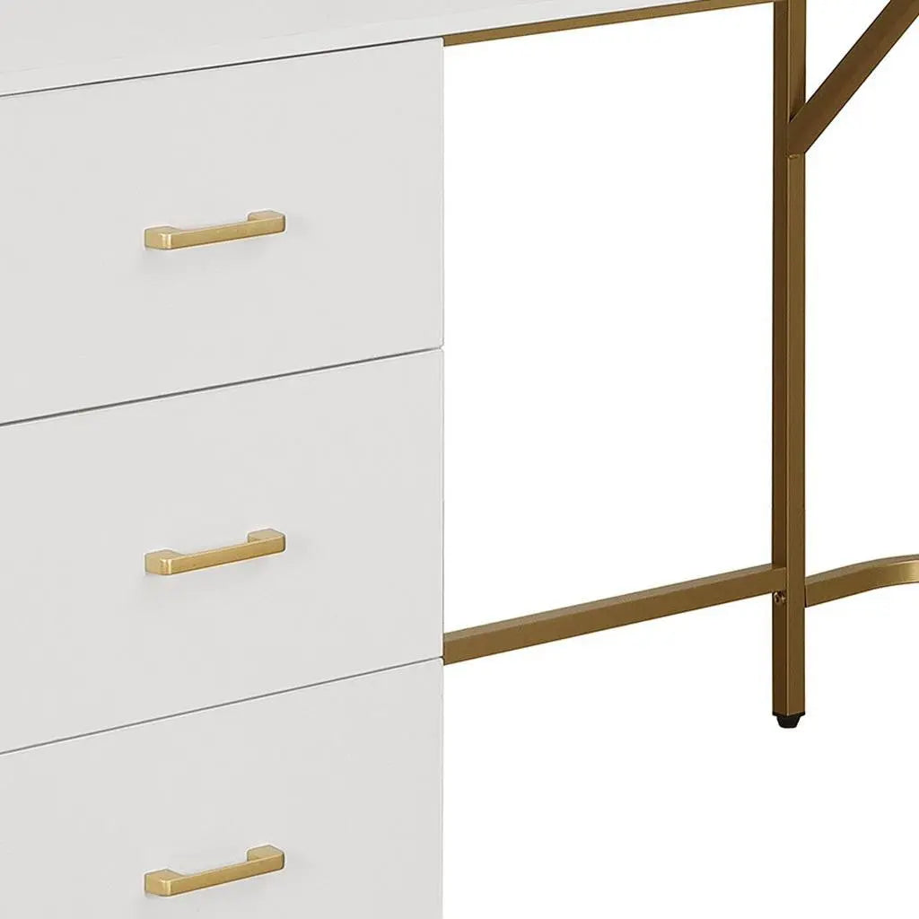 59" Gold Wood and Stainless Steel L Shape Computer Desk With Three Drawers Homeroots