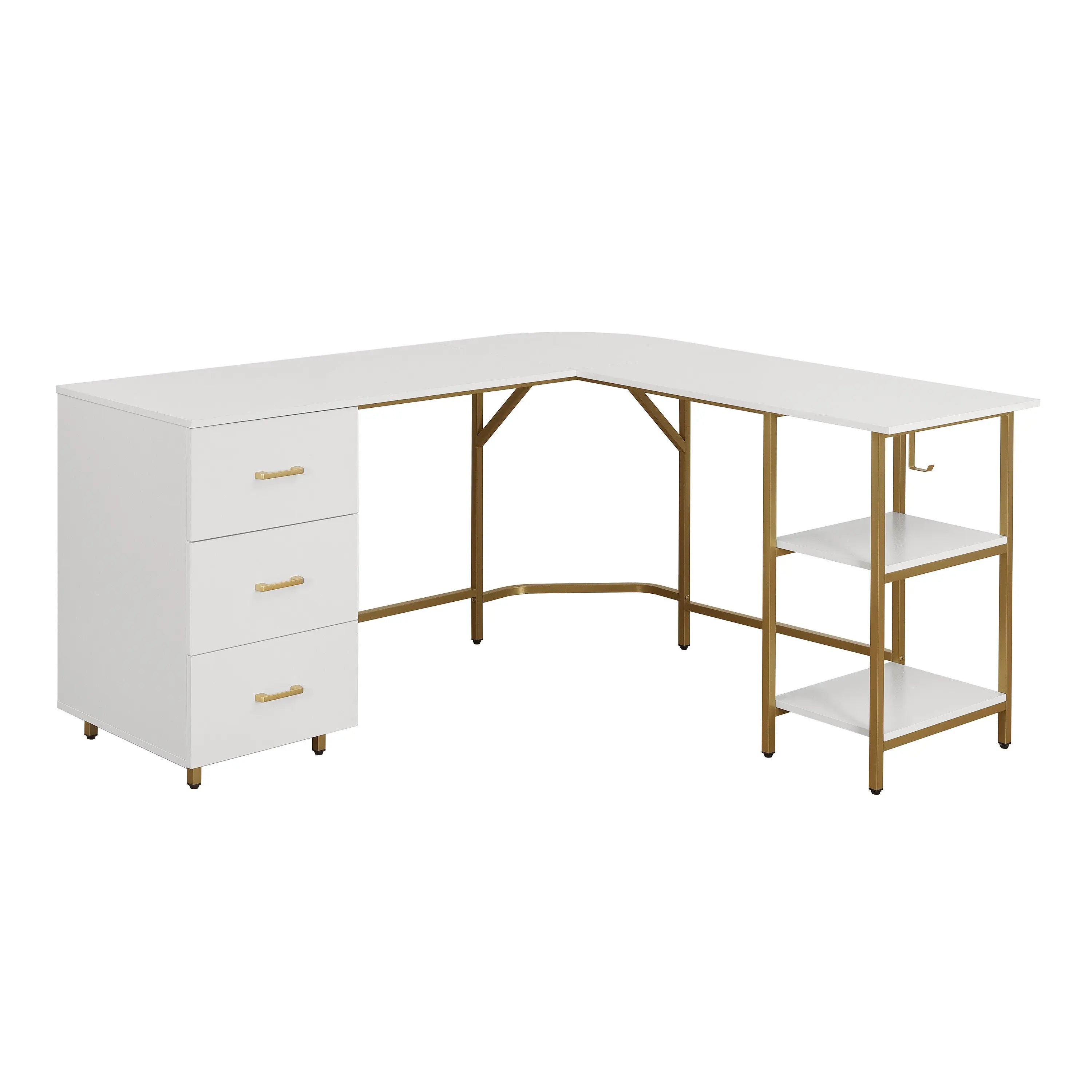 59" Gold Wood and Stainless Steel L Shape Computer Desk With Three Drawers Homeroots