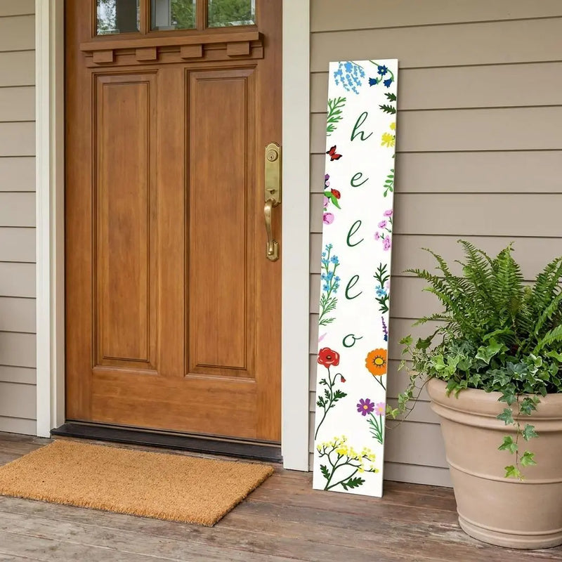 59" Green And White Solid Wood Floral Bouquet Hello Porch Sign Homeroots Outdoor