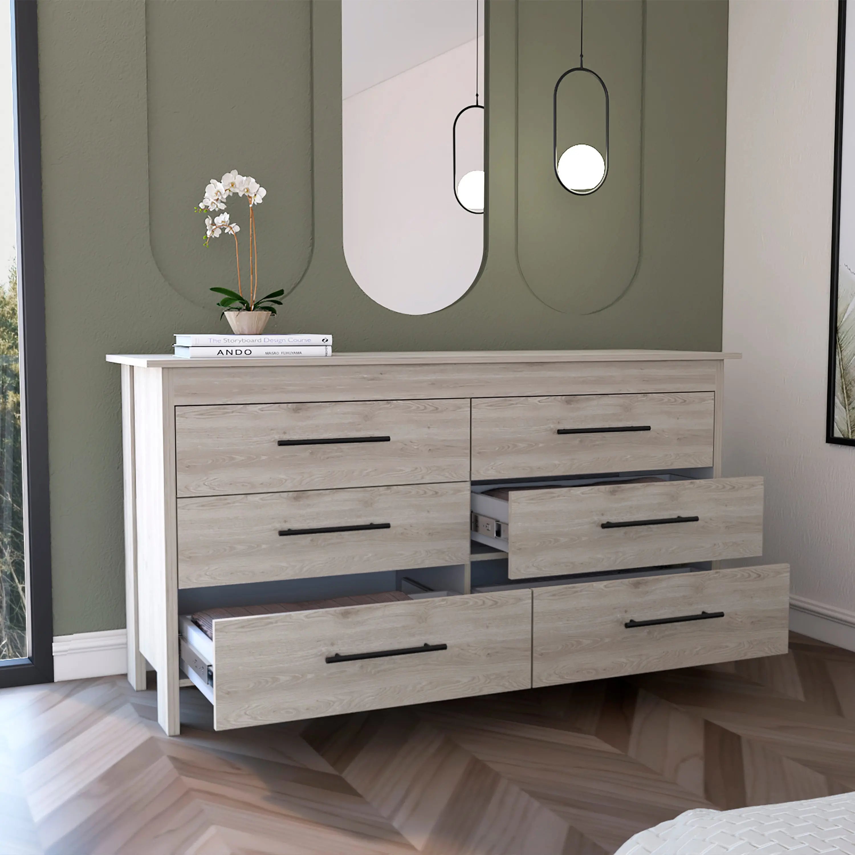 59" Light Gray Six Drawer Double Dresser Homeroots Bed & Bath