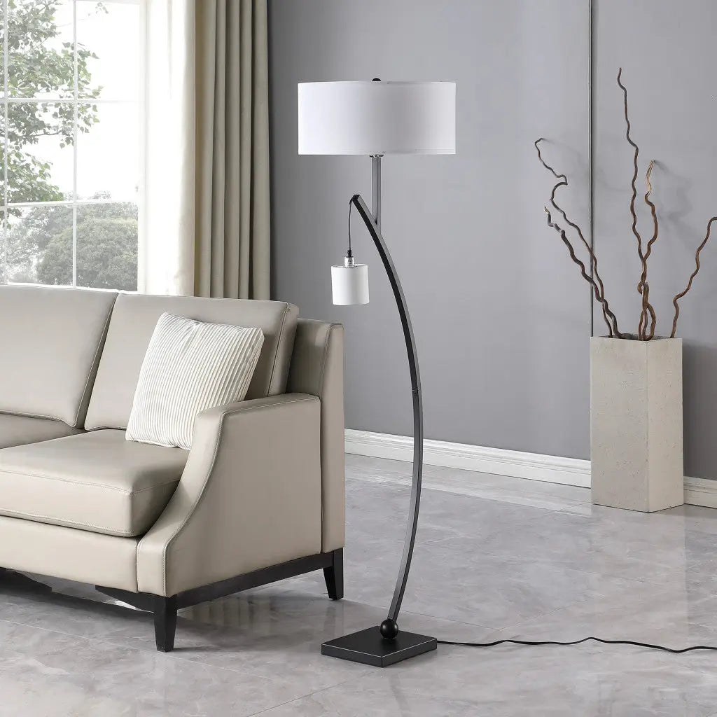59" Matte Black Dual Arc Floor Lamp With White Drum Shade Homeroots Lighting