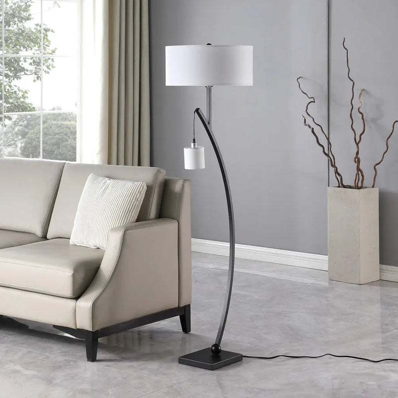 59" Matte Black Dual Arc Floor Lamp With White Drum Shade Homeroots Lighting