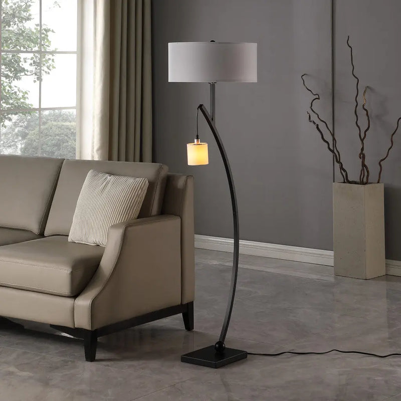 59" Matte Black Dual Arc Floor Lamp With White Drum Shade Homeroots Lighting