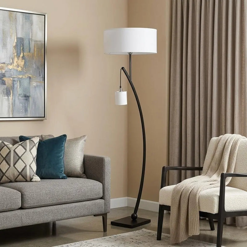 59" Matte Black Dual Arc Floor Lamp With White Drum Shade Homeroots Lighting