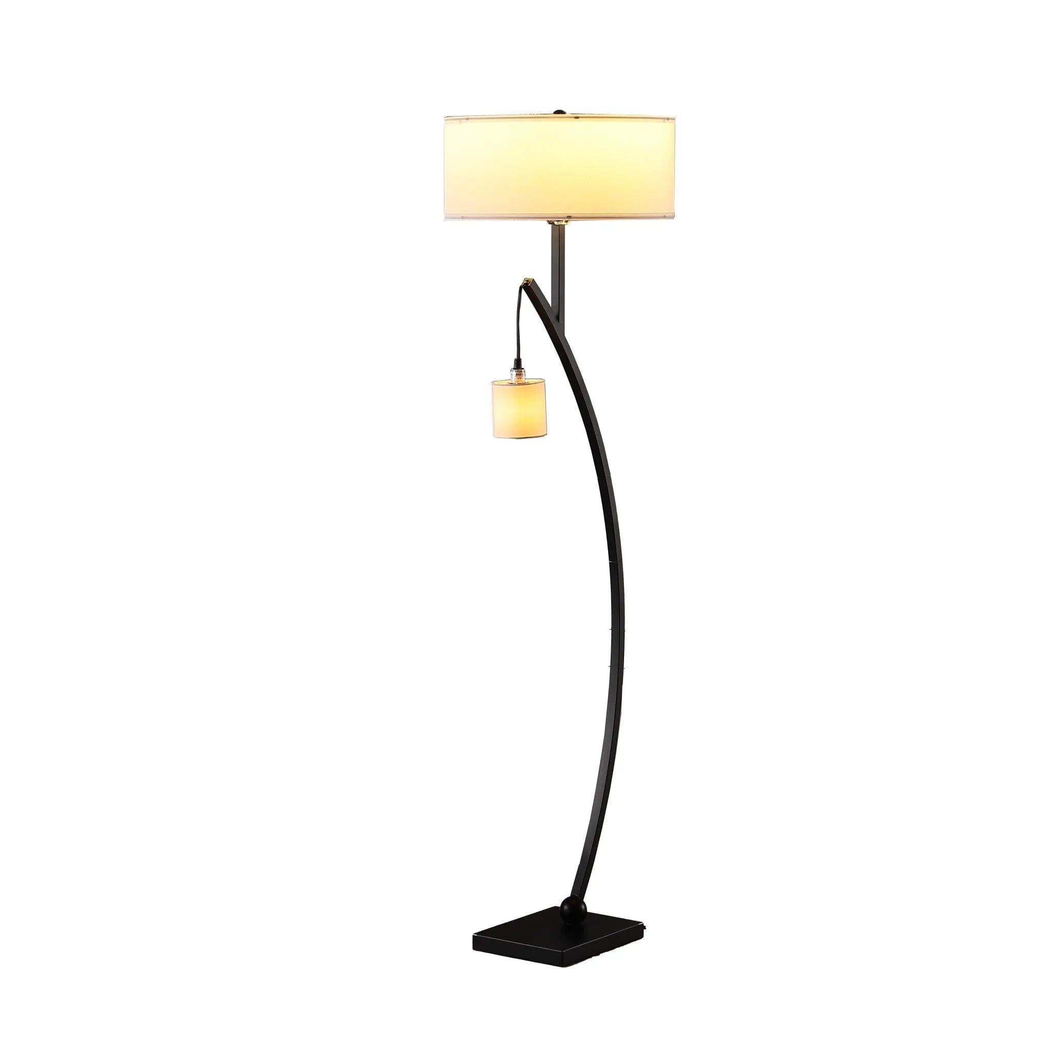 59" Matte Black Dual Arc Floor Lamp With White Drum Shade Homeroots Lighting