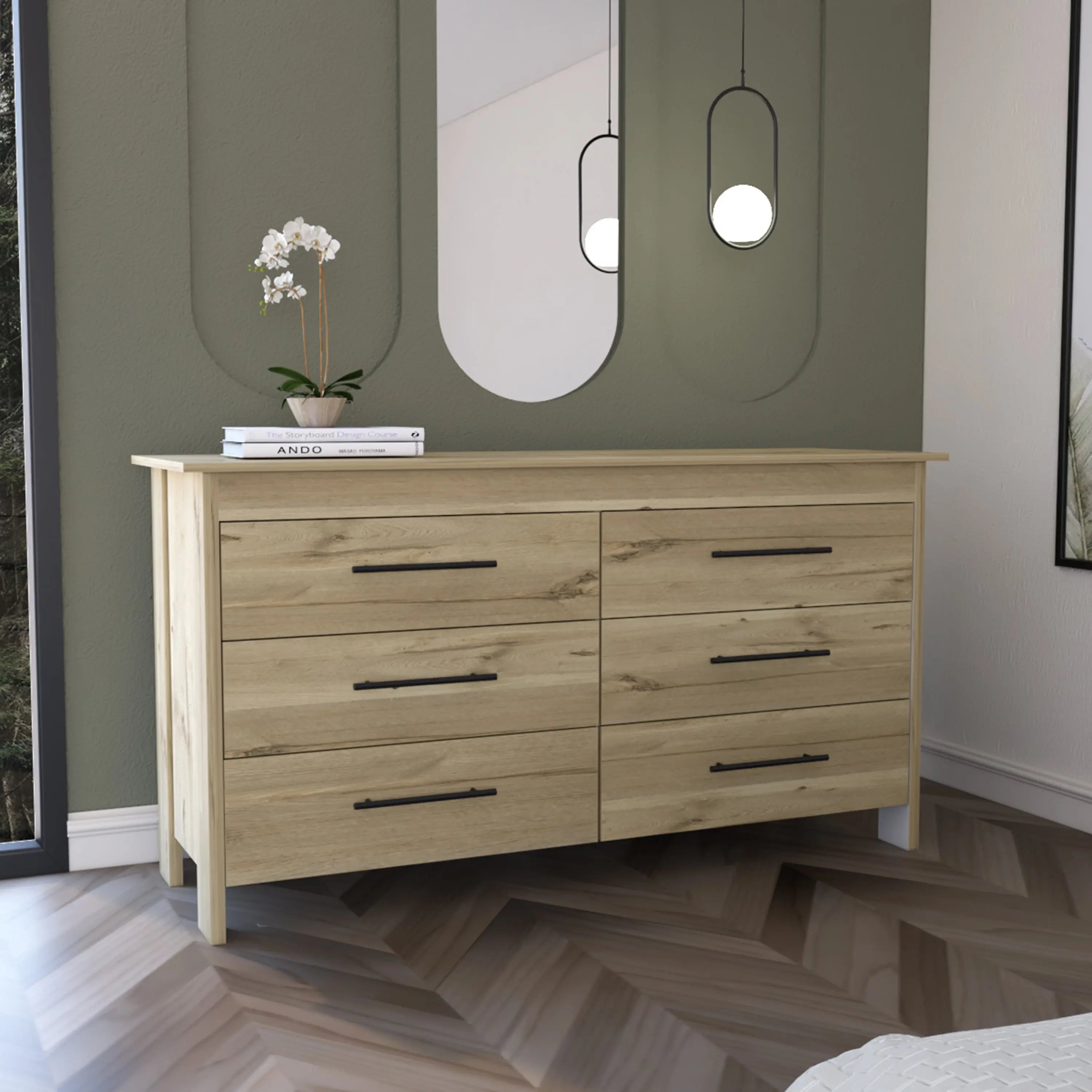 59" Natural Six Drawer Double Dresser Homeroots Bed & Bath