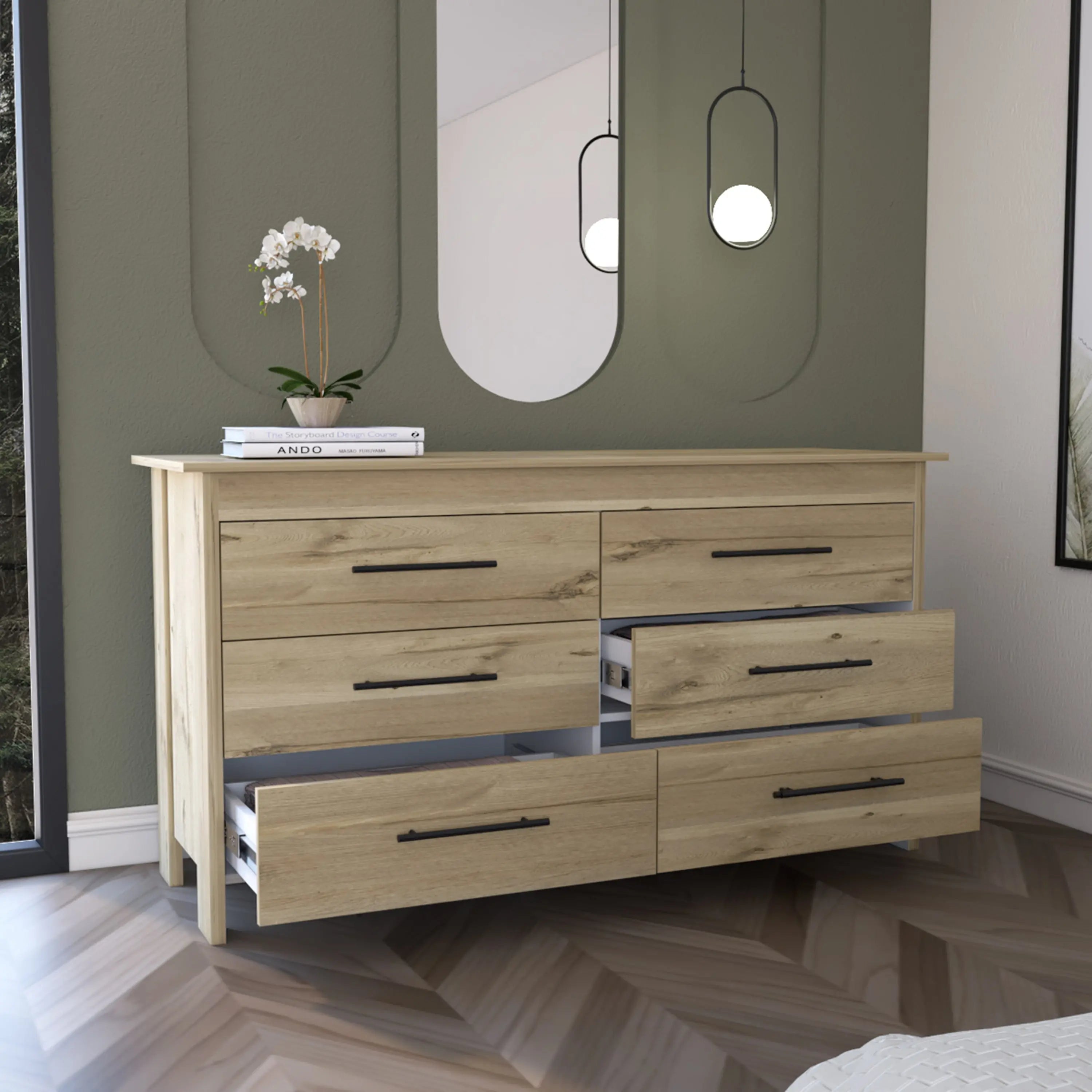 59" Natural Six Drawer Double Dresser Homeroots Bed & Bath
