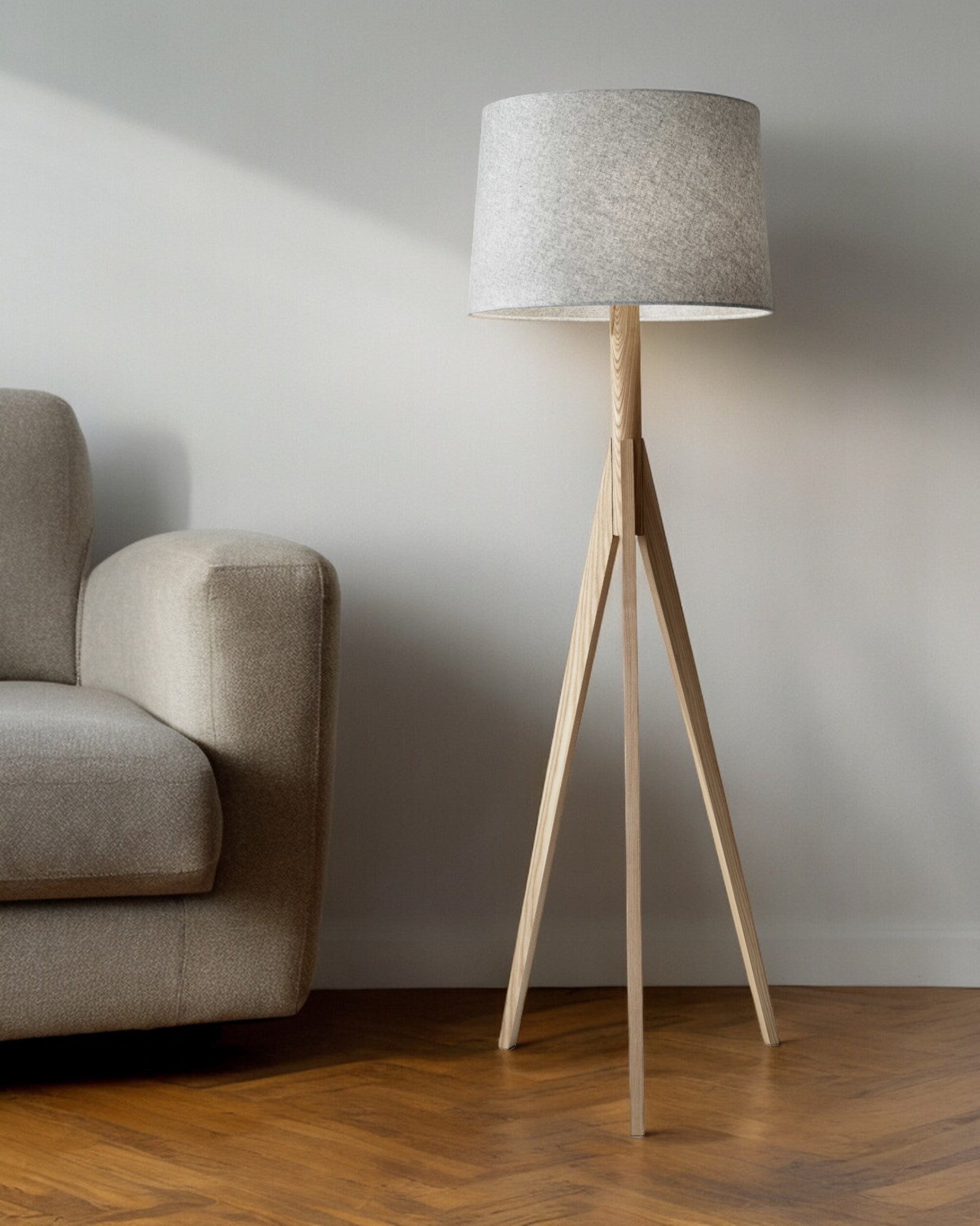 59" Natural Solid Wood Tripod Floor Lamp With Gray Fabric Empire Shade - GreatEagleInc