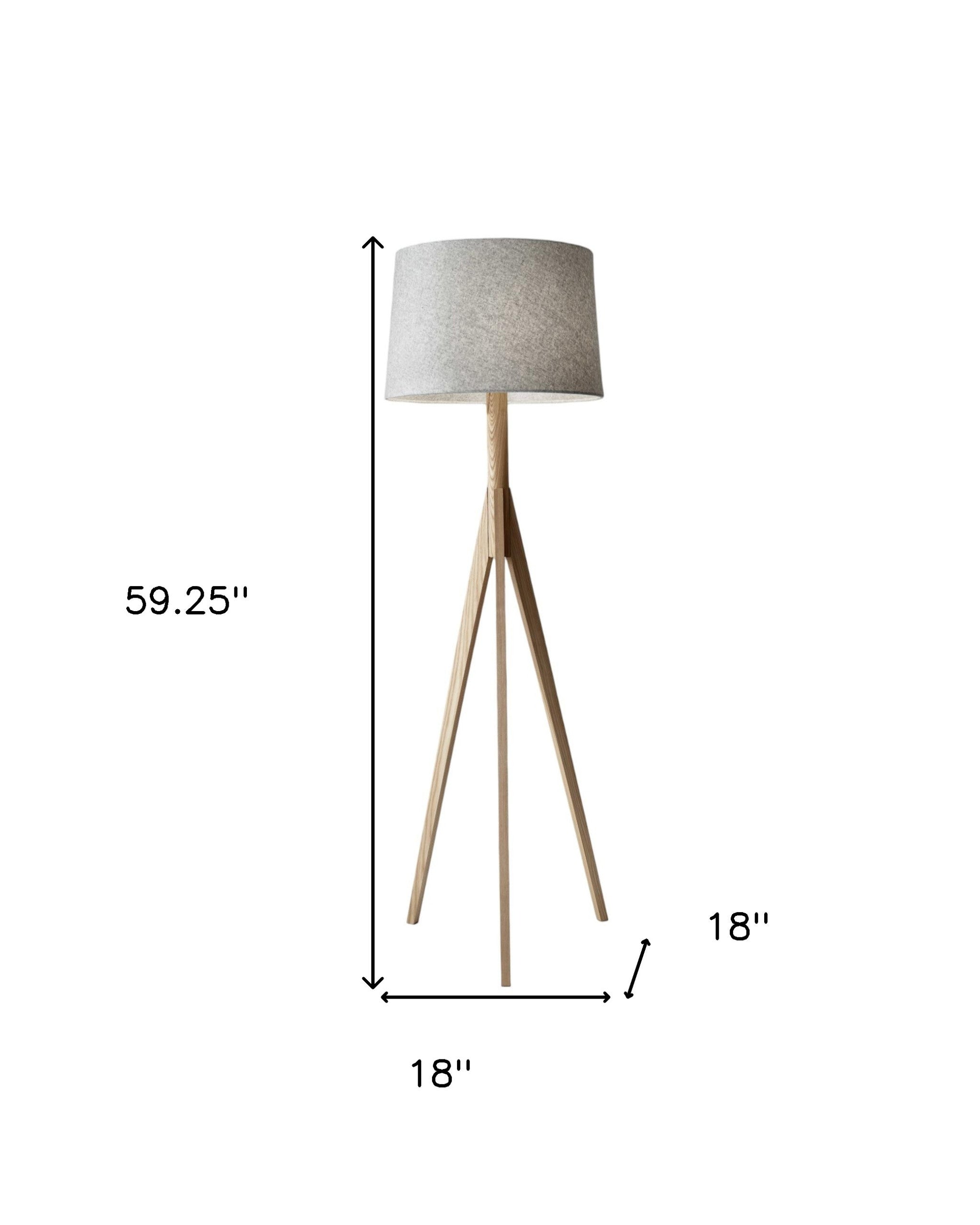 59" Natural Solid Wood Tripod Floor Lamp With Gray Fabric Empire Shade - GreatEagleInc