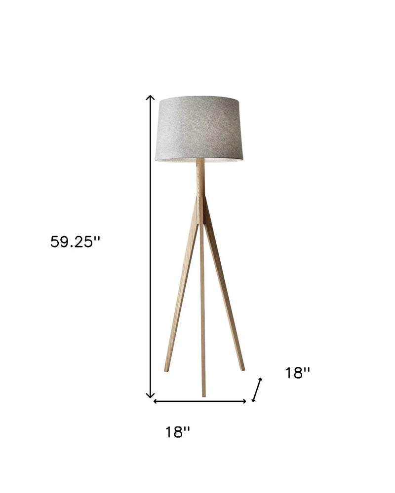 59" Natural Solid Wood Tripod Floor Lamp With Gray Fabric Empire Shade - GreatEagleInc