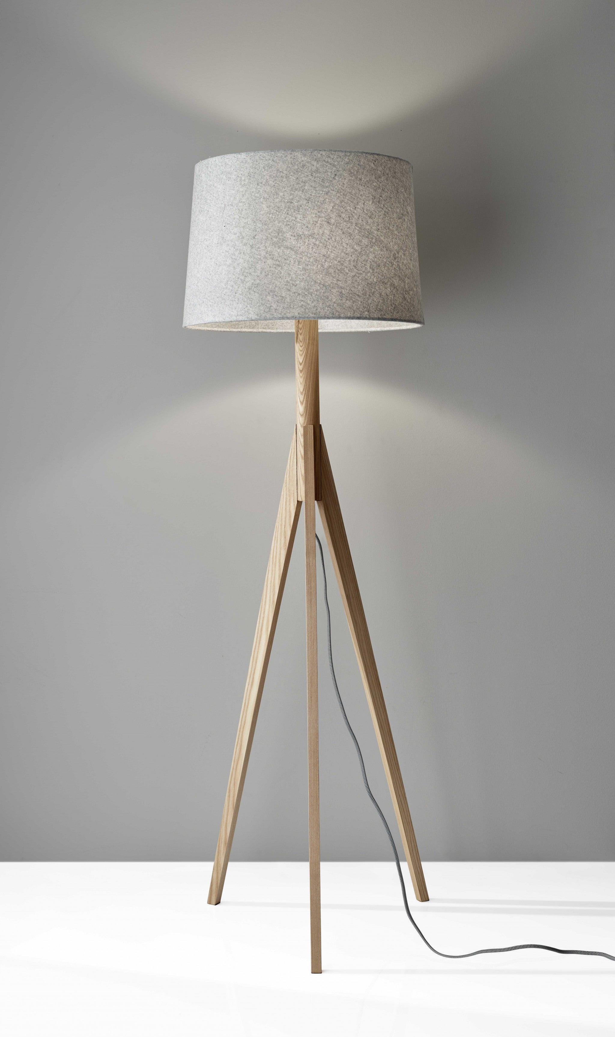 59" Natural Solid Wood Tripod Floor Lamp With Gray Fabric Empire Shade - GreatEagleInc