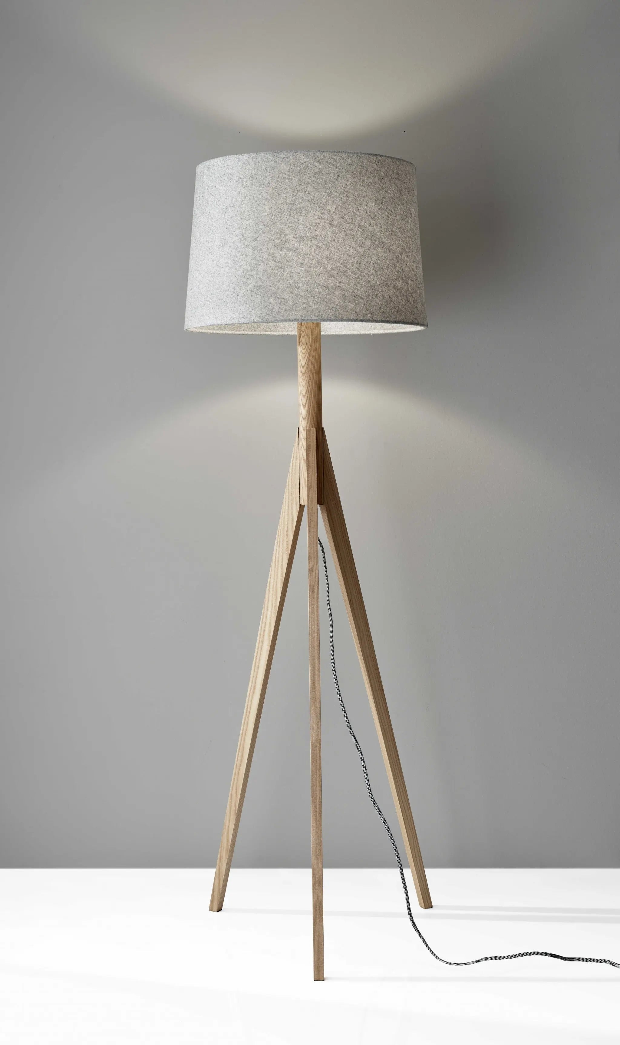 59" Natural Solid Wood Tripod Floor Lamp With Gray Fabric Empire Shade - GreatEagleInc