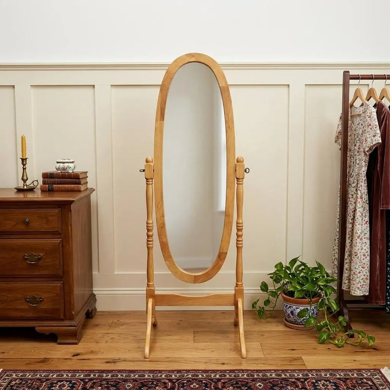 59" Natural Wood Oval Freestanding Tilting Framed Cheval Mirror Homeroots Bed & Bath