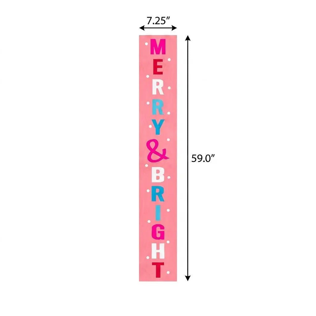59" Pink And White Solid Wood Merry & Bright Christmas Snow Scene Porch Sign Homeroots Outdoor