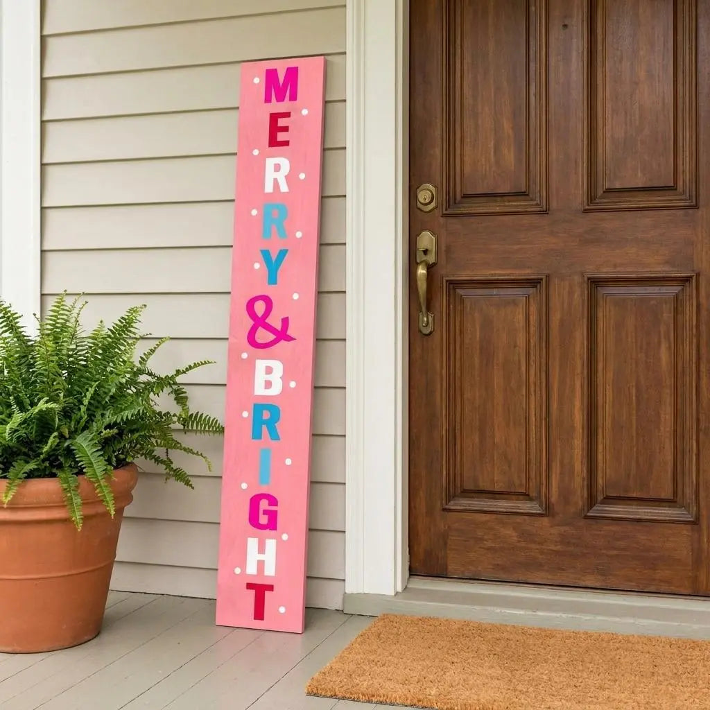 59" Pink And White Solid Wood Merry & Bright Christmas Snow Scene Porch Sign Homeroots Outdoor