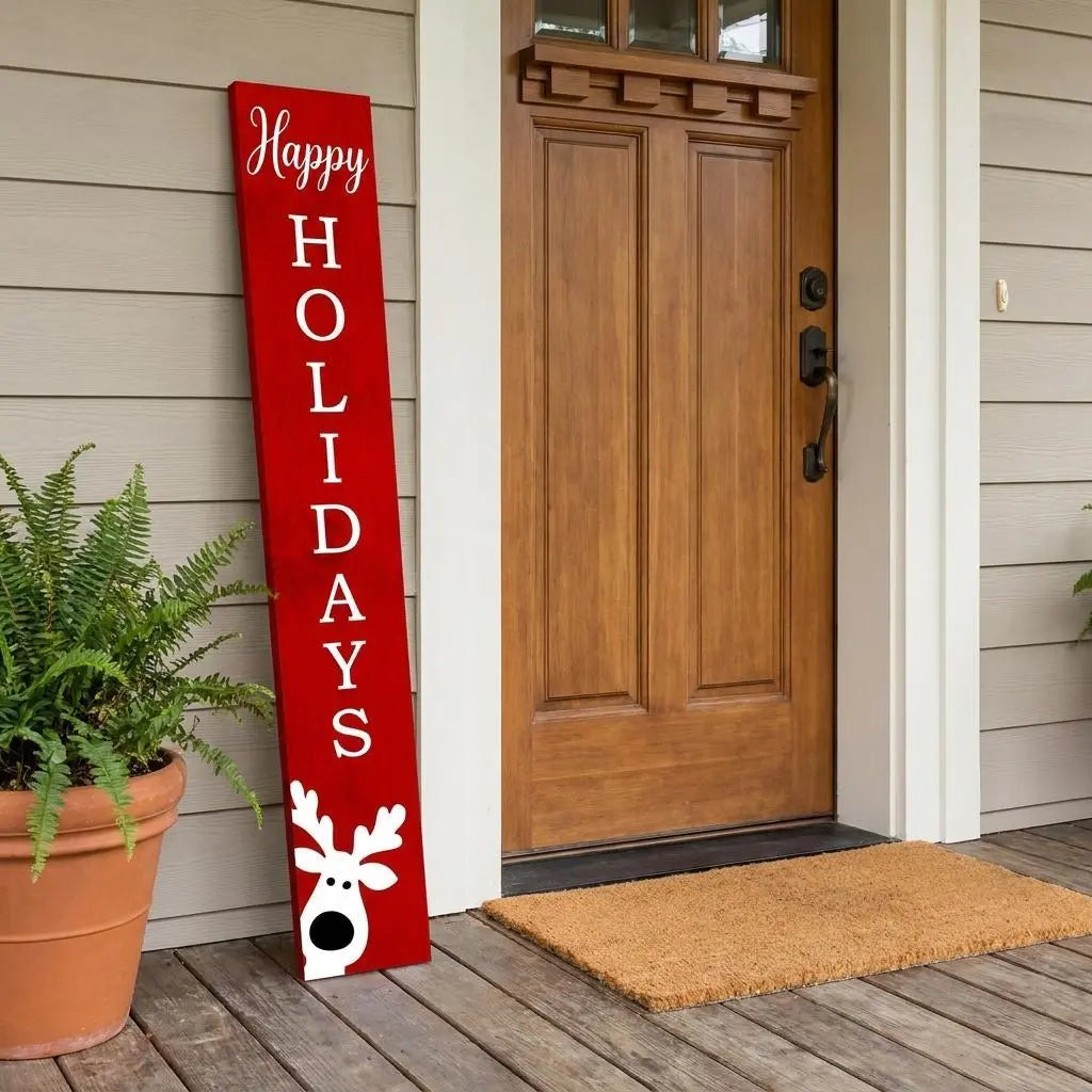 59" Red And White Solid Wood Happy Holidays Christmas Reindeer Porch Sign Homeroots Outdoor