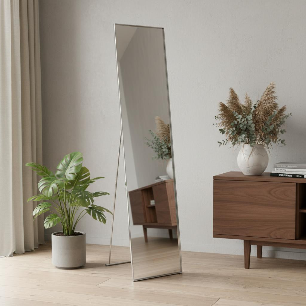 59" Silver Metal Framed Cheval Standing Mirror - GreatEagleInc