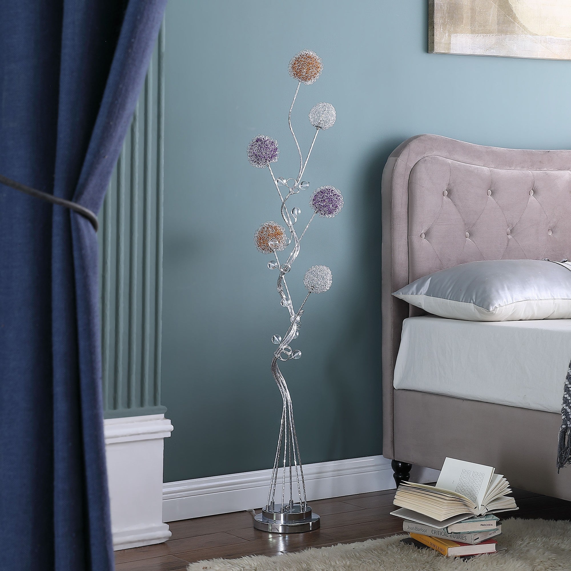 59" Silver Six Light LED Novelty Floor Lamp With Purple And White Metal Novelty Shade Homeroots Lighting
