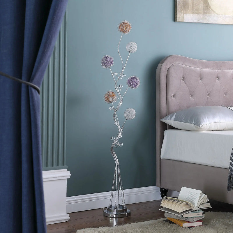 59" Silver Six Light LED Novelty Floor Lamp With Purple And White Metal Novelty Shade Homeroots Lighting
