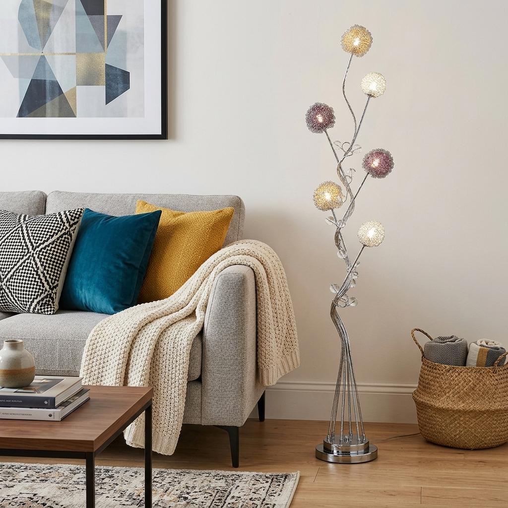 59" Silver Six Light LED Novelty Floor Lamp With Purple And White Metal Novelty Shade Homeroots Lighting