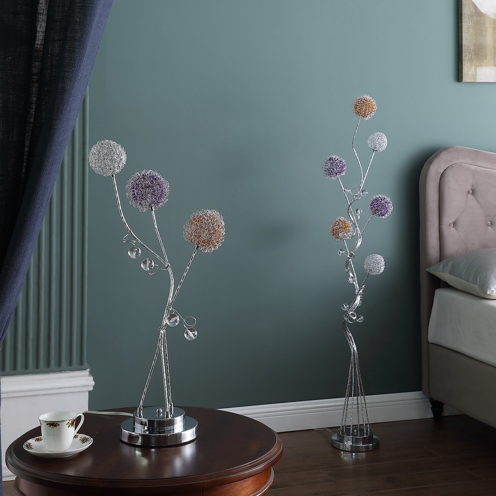 59" Silver Six Light LED Novelty Floor Lamp With Purple And White Metal Novelty Shade Homeroots Lighting