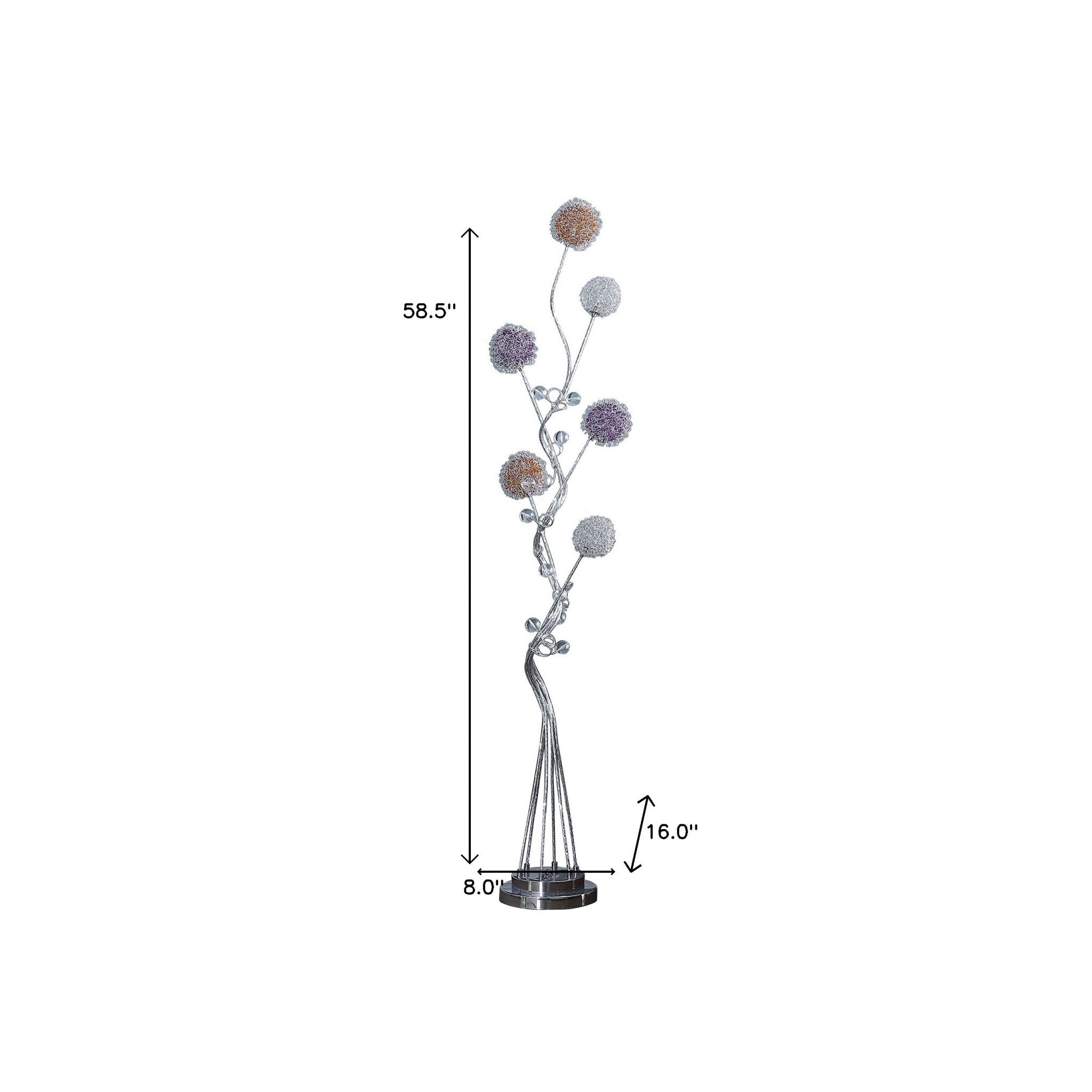 59" Silver Six Light LED Novelty Floor Lamp With Purple And White Metal Novelty Shade Homeroots Lighting
