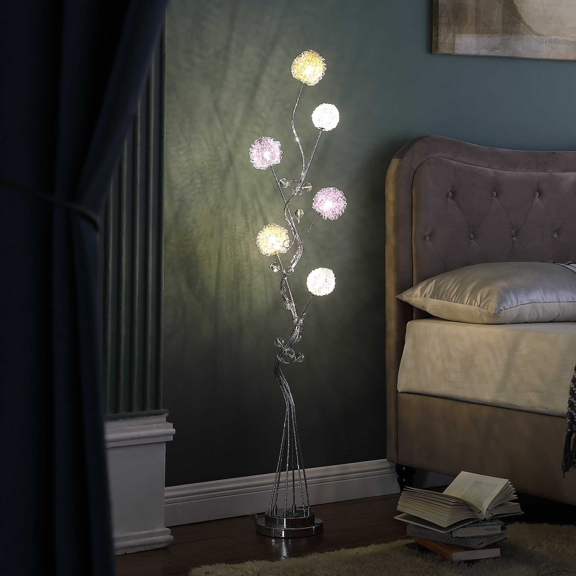 59" Silver Six Light LED Novelty Floor Lamp With Purple And White Metal Novelty Shade Homeroots Lighting