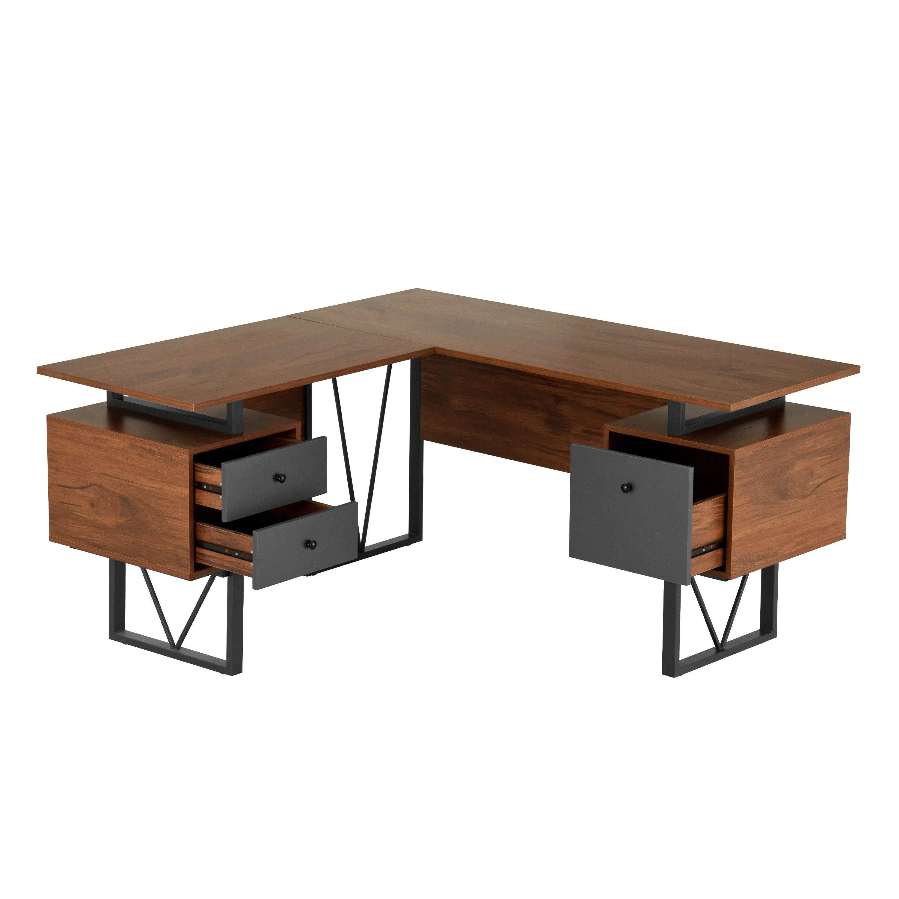 59" Walnut and Gray Wood and Steel L Shape Pedestal Computer Desk With Three Drawers Homeroots Office