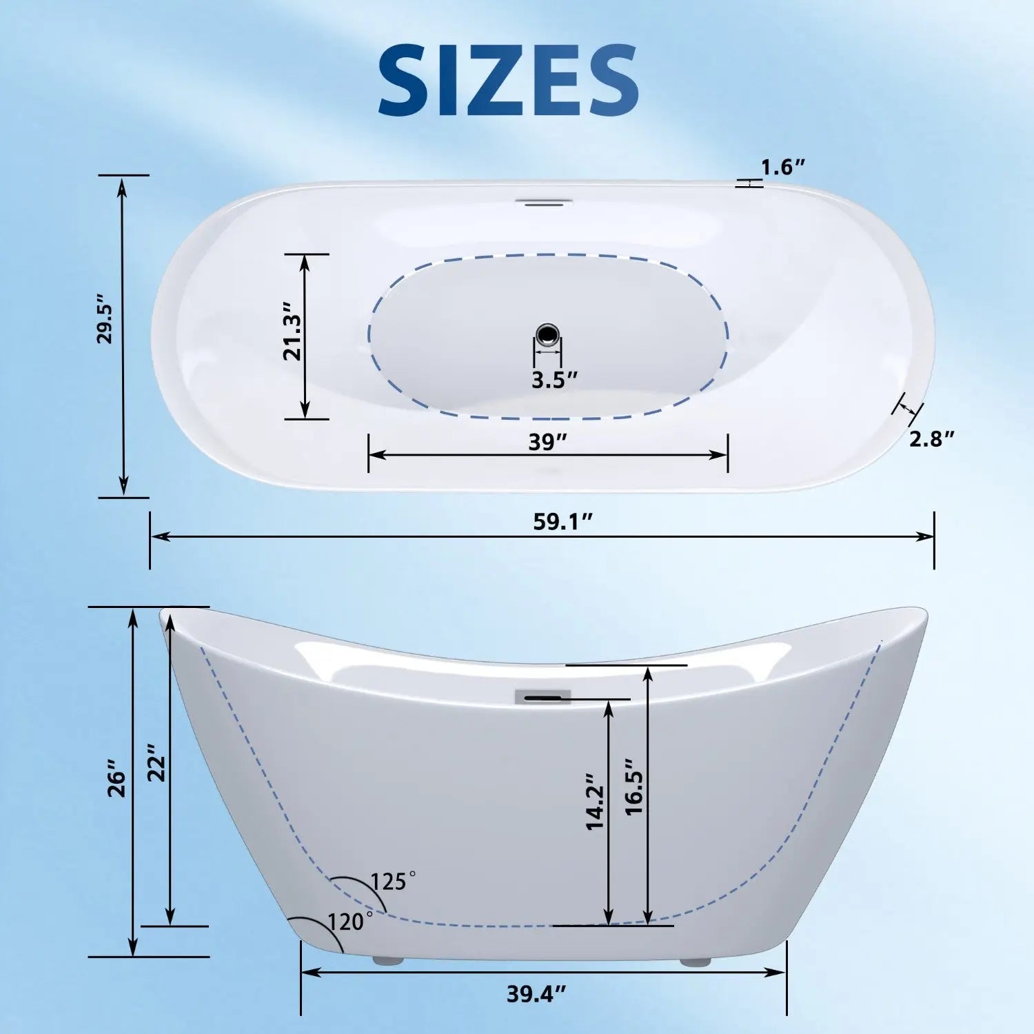 59" White Acrylic Oval Bath Tub Homeroots Bed & Bath