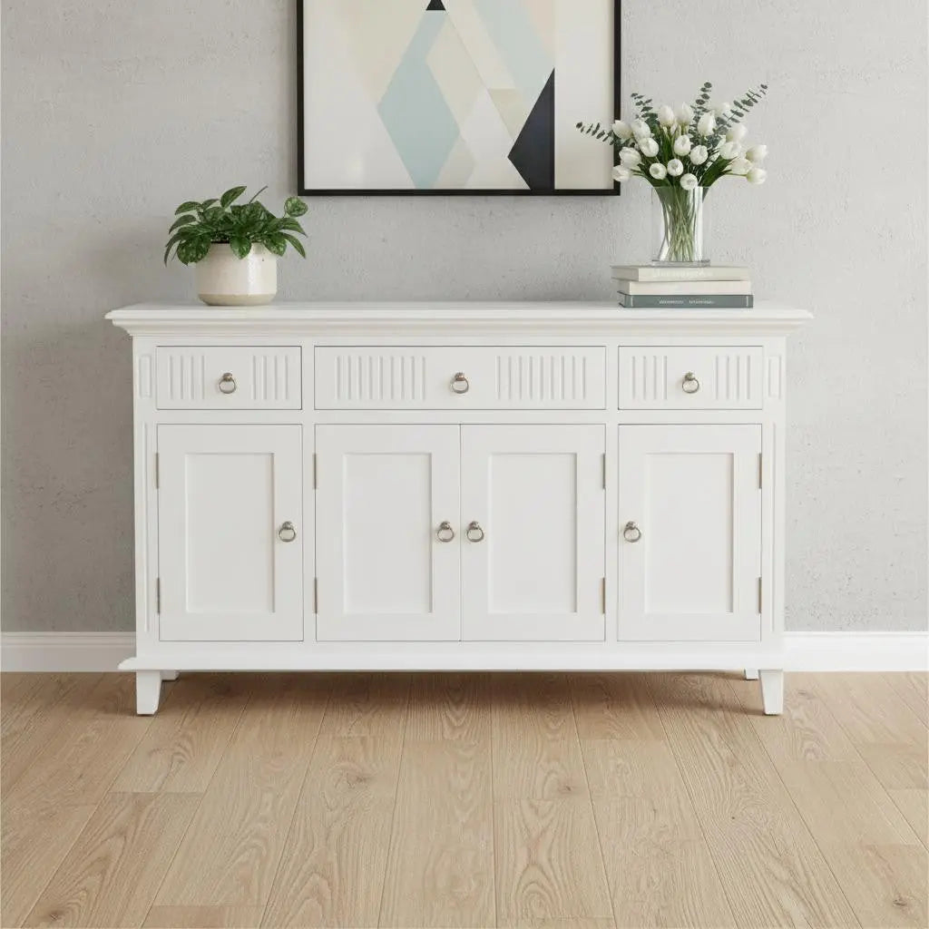 59" White Solid Wood Paneled Three Drawer Buffet Table with Four Doors Homeroots Kitchen & Dining