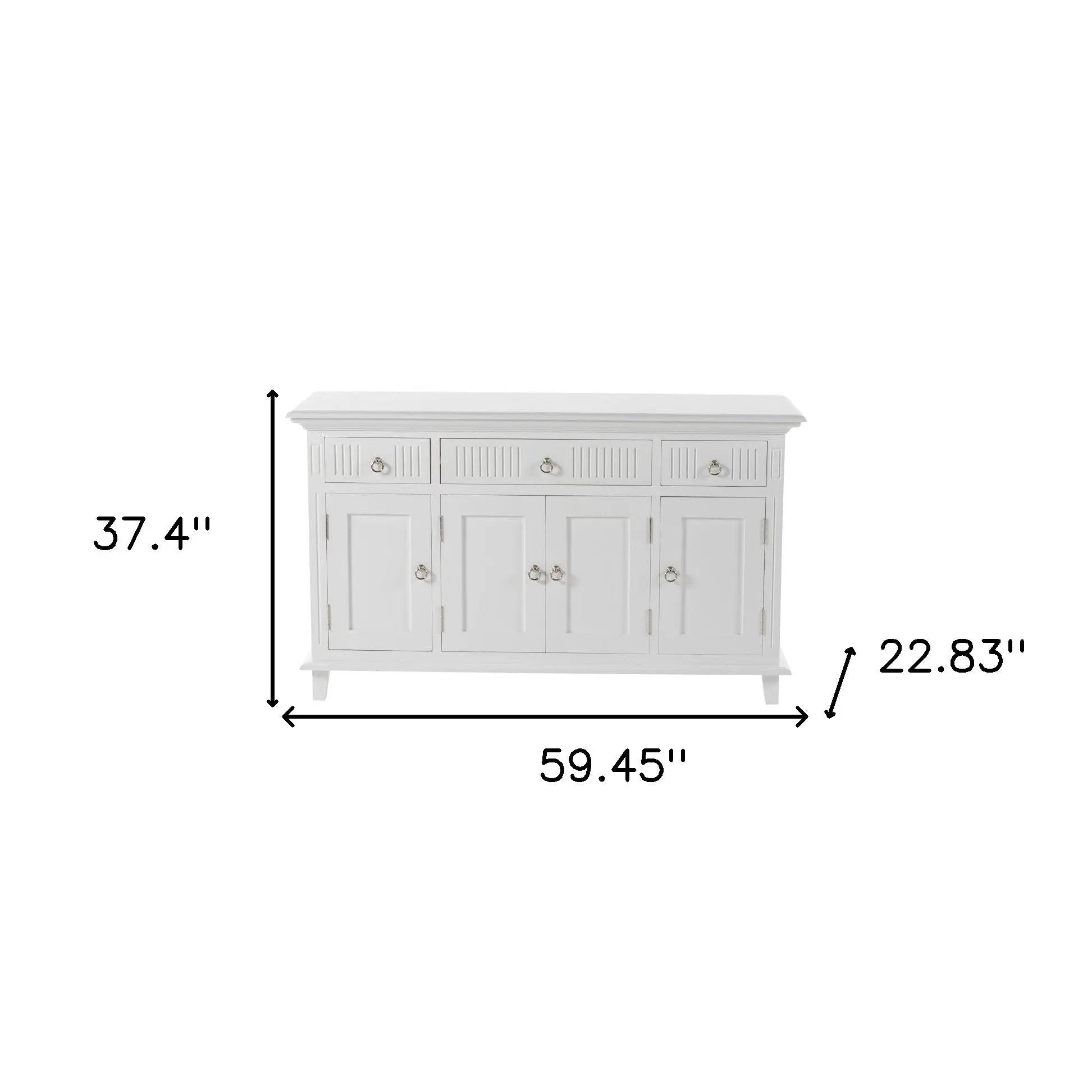 59" White Solid Wood Paneled Three Drawer Buffet Table with Four Doors Homeroots Kitchen & Dining