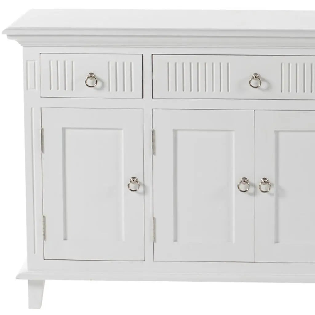 59" White Solid Wood Paneled Three Drawer Buffet Table with Four Doors Homeroots Kitchen & Dining