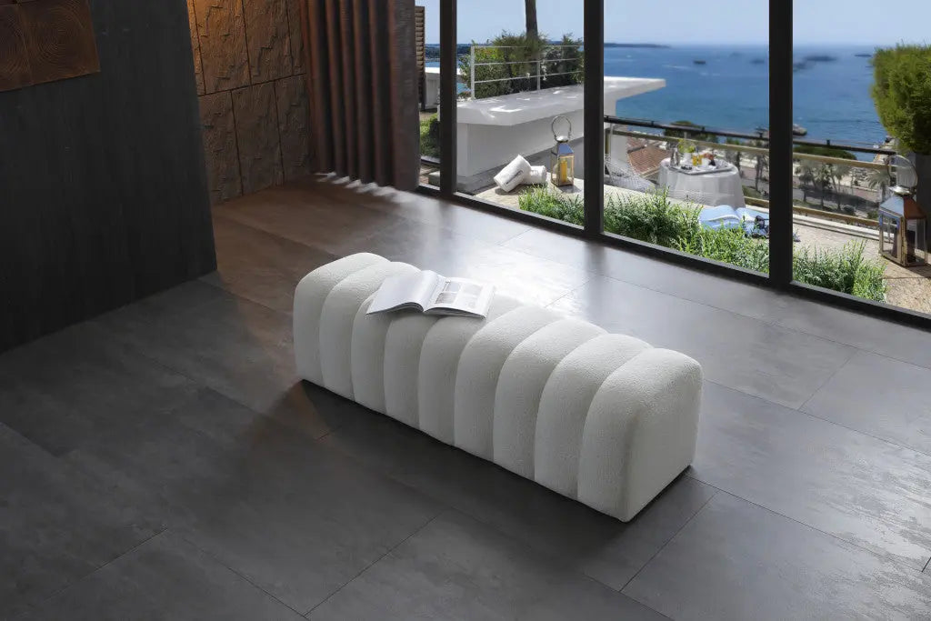 59" White Tufted Boucle Upholstered Bench Homeroots Living Room
