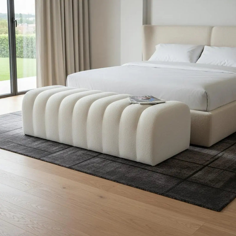 59" White Tufted Boucle Upholstered Bench Homeroots Living Room