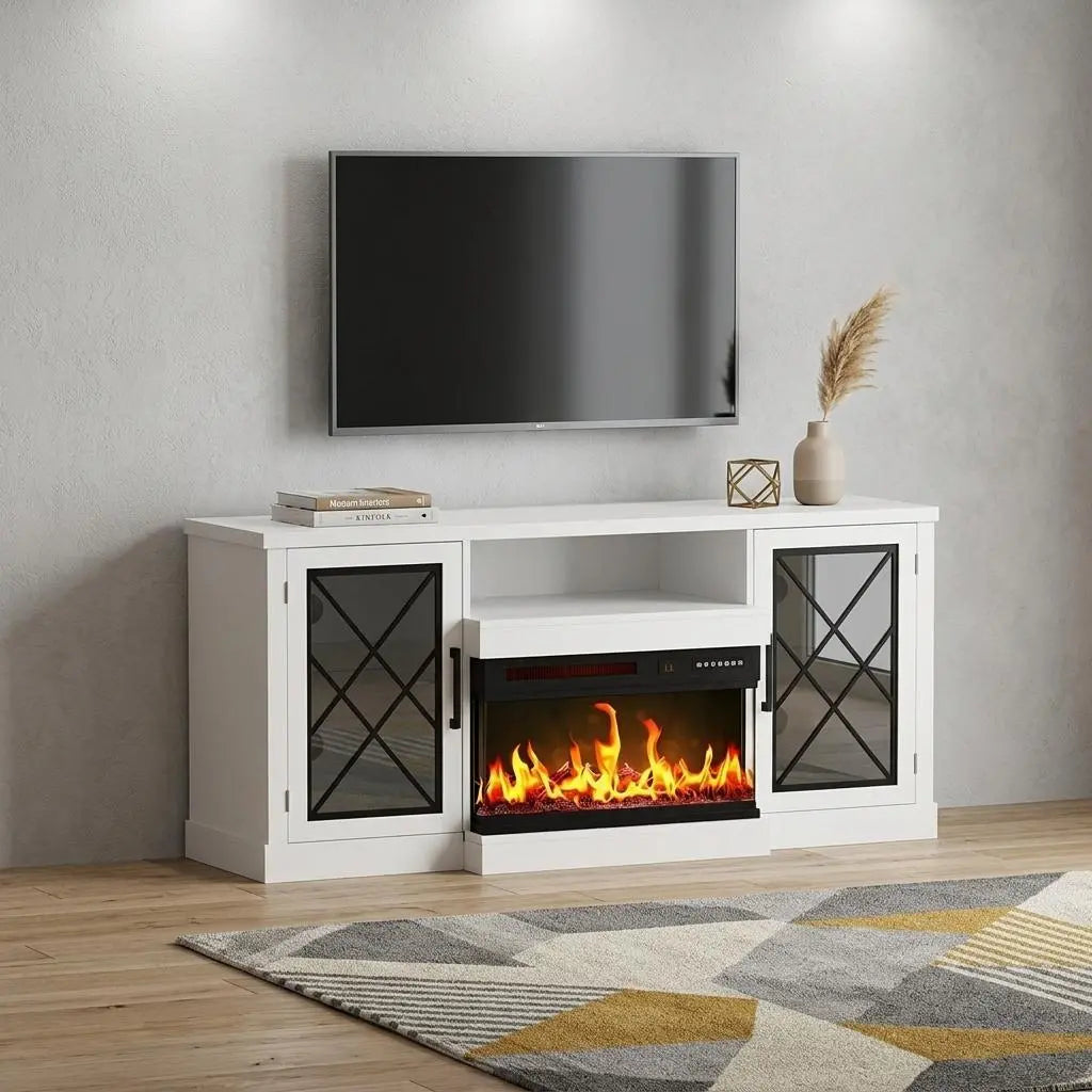 59" White Wood Fireplace TV Stand With Fireplace Homeroots Living Room
