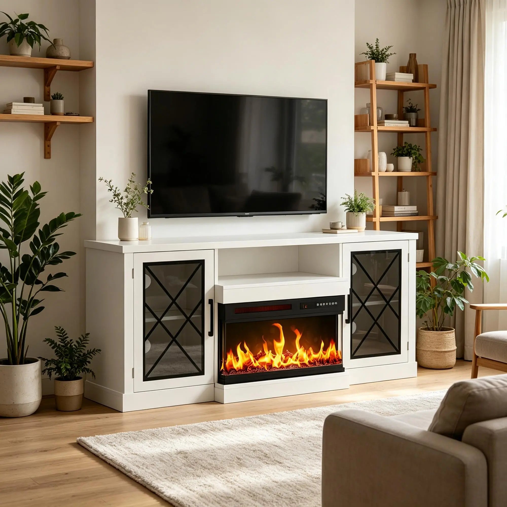 59" White Wood Fireplace TV Stand With Fireplace Homeroots Living Room