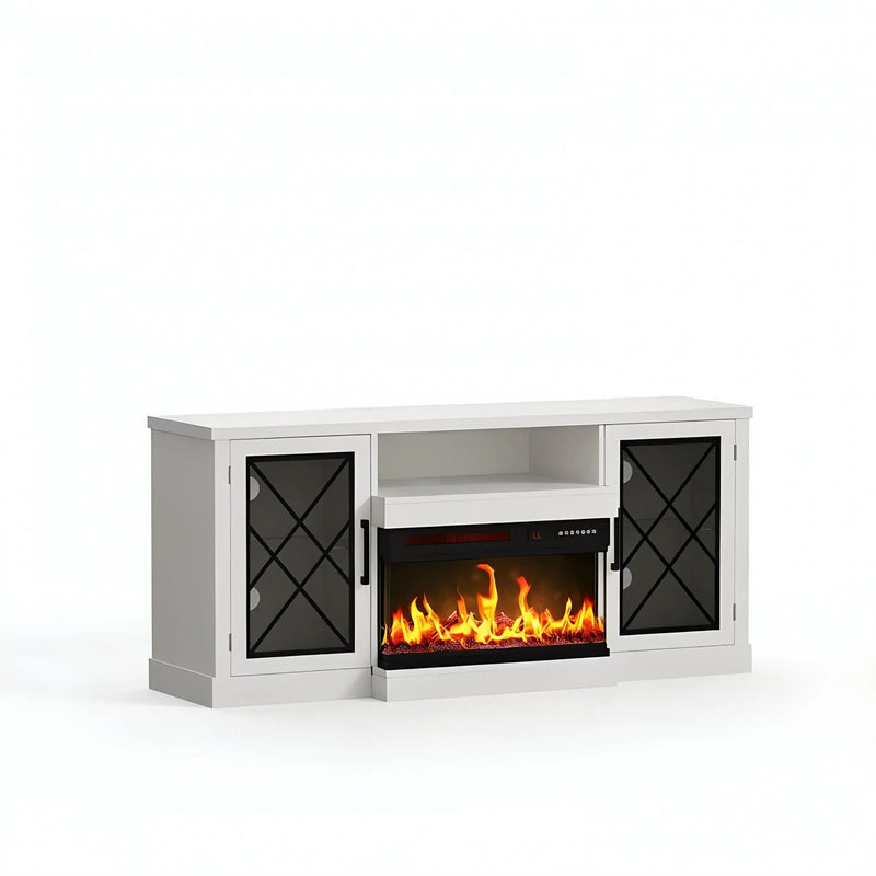 59" White Wood Fireplace TV Stand With Fireplace Homeroots Living Room