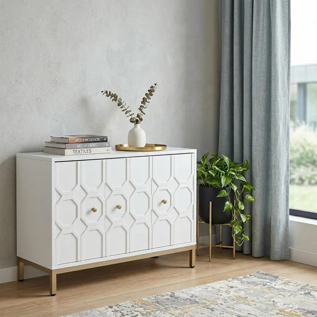59" White and Gold Sideboard with Three Doors Homeroots Kitchen & Dining